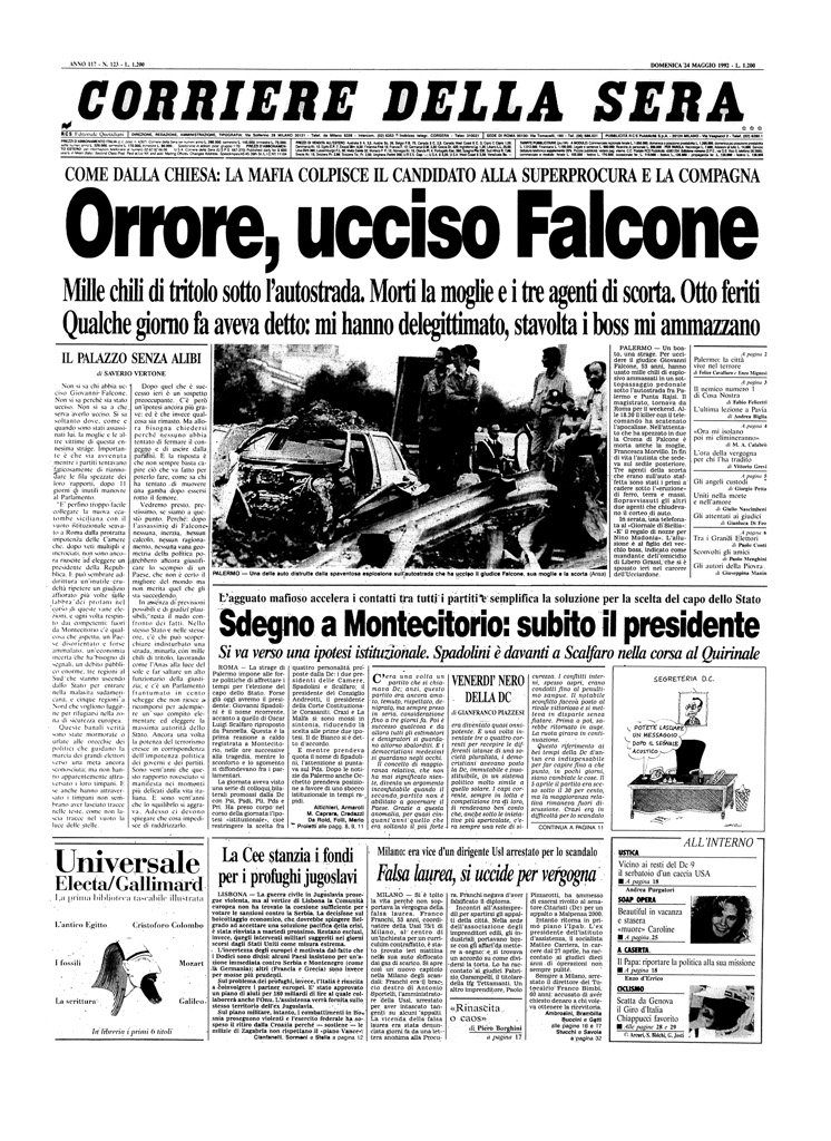 Prima Pagina Corriere 24 maggio 1992 - Capaci