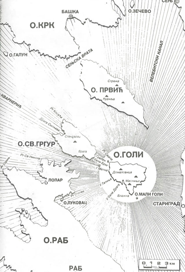 Carta geografica, in caratteri cirillici, con i particolari dell'isola di Arbe (Rab) e le isole minori della sua micronesia. Prvic, Sveti Grgur e Goli (Giacomo Scotti, Il gulag in mezzo al mare. Nuove rivelazioni su Goli Otok, Lint, Trieste 2012)